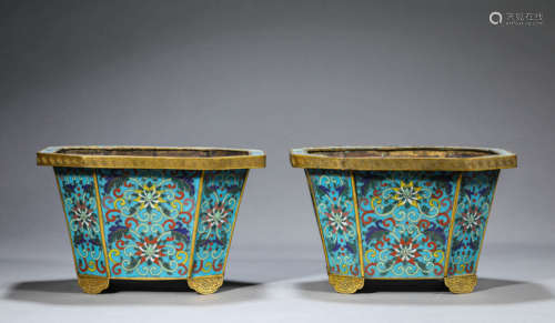 Pair of Cloisonne Enamel Interlocking Lotus Pots