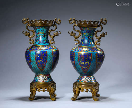 Pair of Cloisonne Enamel Taotie Vases