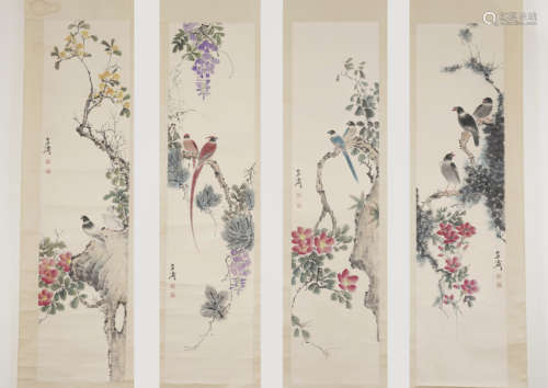 Four Chinese Flower and Bird Painting Paper Scroll, Wang Xue...