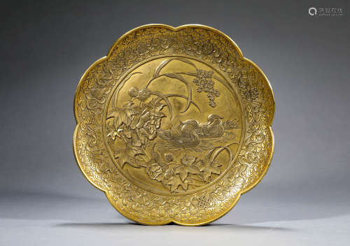Engraved Gilt-Bronze Mandarin Duck Lobed Plate