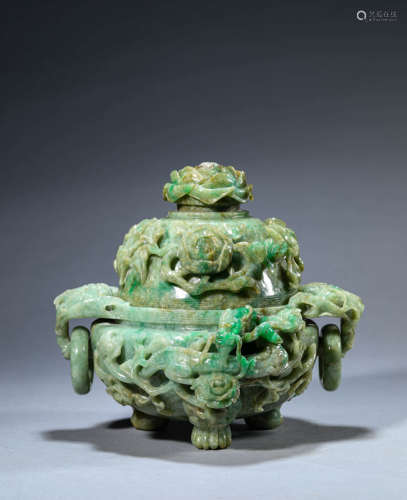 Carved Jadeite Flower Dragon Censer