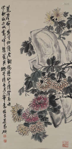 Chinese Flower Painting Paper Scroll, Wu Changshuo Mark