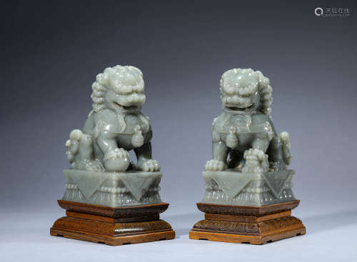 Pair of Carved Jade Lion Statues