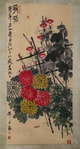 Chinese Flower Painting Paper Scroll, Qi Baishi Mark