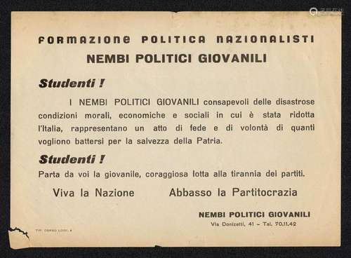 Nazionalisti - Propaganda flyer Nembi Politici Giovanili