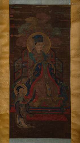 Chinese Buddha Painting Silk Scroll, Guan Xiu Mark