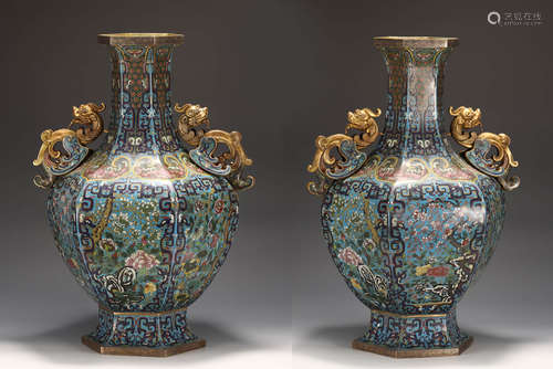 Pair of Cloisonne Enamel Hexagonal Vases