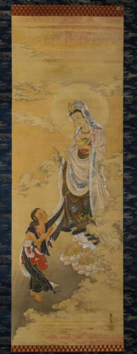 Chinese Avalokitesvara and Boy Painting Silk Scroll