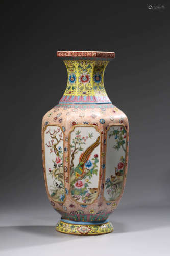 Famille Rose Flower and Bird Octagonal Vase