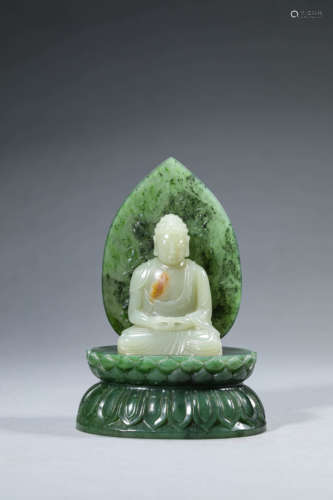 Carved Jade Figure of Shakyamuni with Green Jade Stand