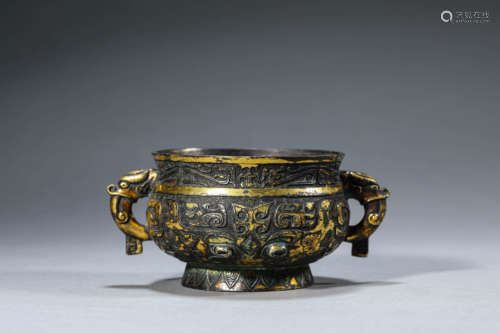 Parcel-Gilt Decorated Bronze Taotie Censer