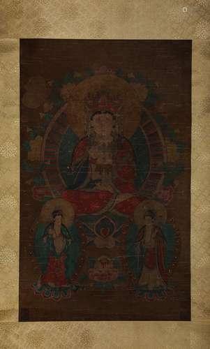 Chinese Buddha Painting Silk Scroll, Liu Gaundao Mark