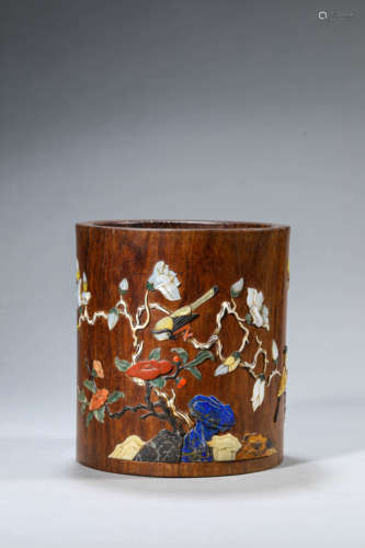 Hardstone Inlaid Huanghuali Brush Pot