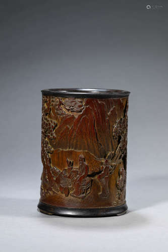 Carved Bamboo Scholar and Pine Brush Pot
