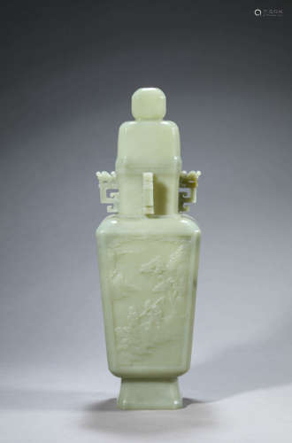 Carved Jade Figure Chilong-Eared Squared Vase