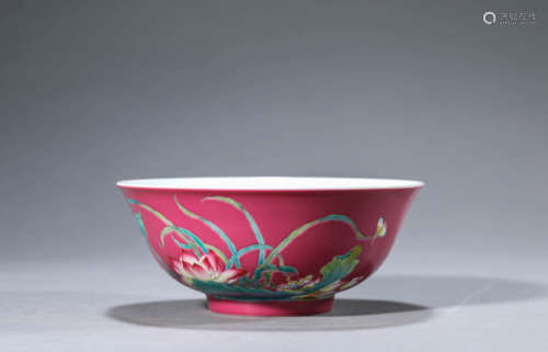 Rouge-Red Glaze Famille Rose Butterfly and Flower Inscribed ...