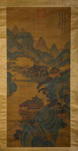 Chinese Landscape Painting Silk Scroll, Wang Hui Mark