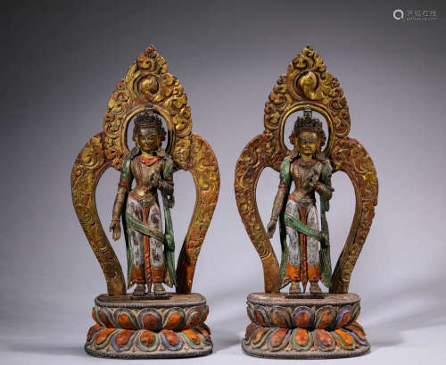 Pair of Gilt-Lacquer-Wood Figures of Buddha