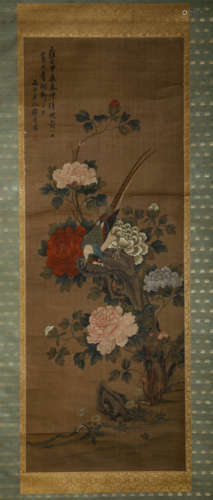 Chinese Flower and Bird Painting Silk Scroll, Jiang Tingxi M...