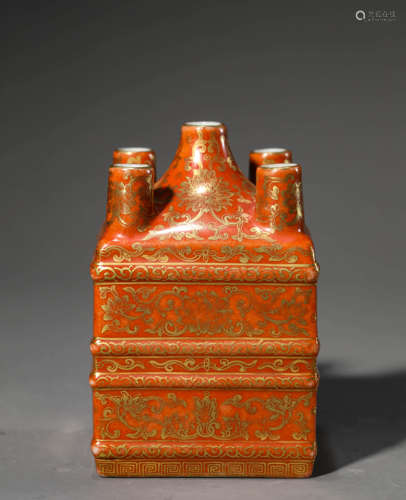 Gilt-Inlaid Coral-Red Ground Lotus Five Spouts