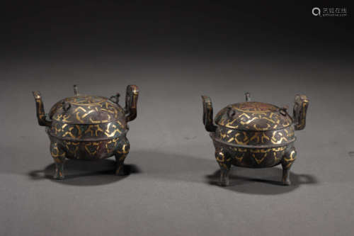 Pair of Gold Inlaying Bronze Vessels