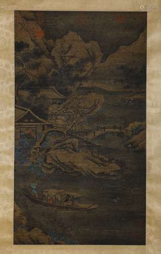 Chinese Landscape Painting Silk Scroll, Liu Songnian Mark