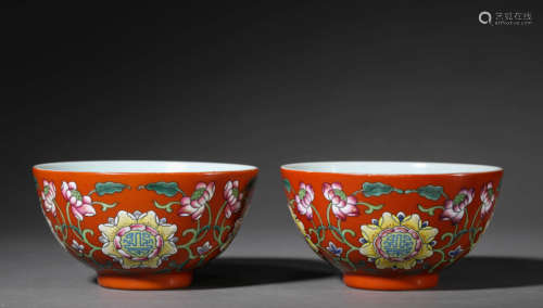 Pair of Coral-Red Ground Famille Rose Flower Bowls