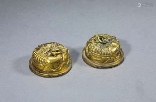 Pair of Gilt-Bronze Dragon Scroll Weights