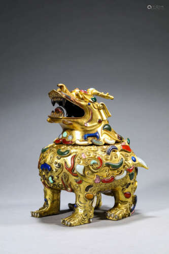 Hardstone Inlaid Gilt-Bronze Mythical Beast Incense Burner