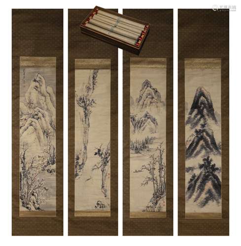 Four Chinese Landscape Painting Paper Scrolls