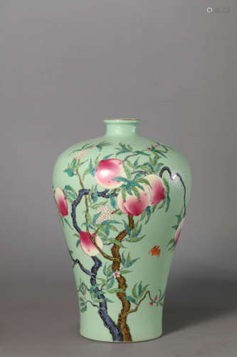 Famille Rose Green-Ground  Fortune&Longevity Meiping Vase