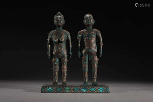 Pair of Gold Inlaying Bronze Figure Statue