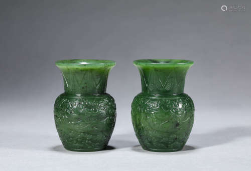 Pair of Spinach-Green Jade Dragon and Cloud Vases
