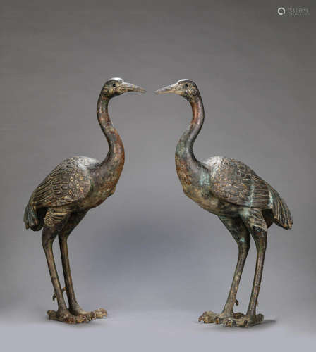 Pair of Gold and Silver Inlaid Bronze Peacock Statues