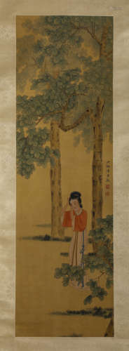 Chinese Figure Painting Silk Scroll, Chen Shaomei Mark