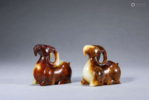 Pair of Carved Jade Ram Statues