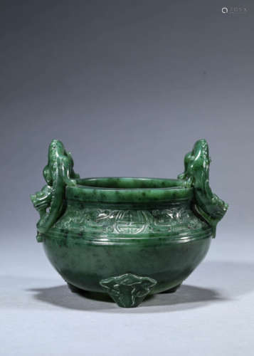 Spinach-Green Jade Chilong-Eared Censer