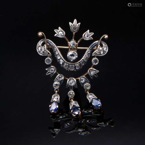 Antique brooch made of white gold and silver, with three pen...