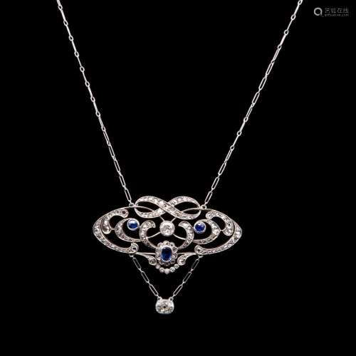 Art Deco necklace made of white gold, diamonds and sapphires