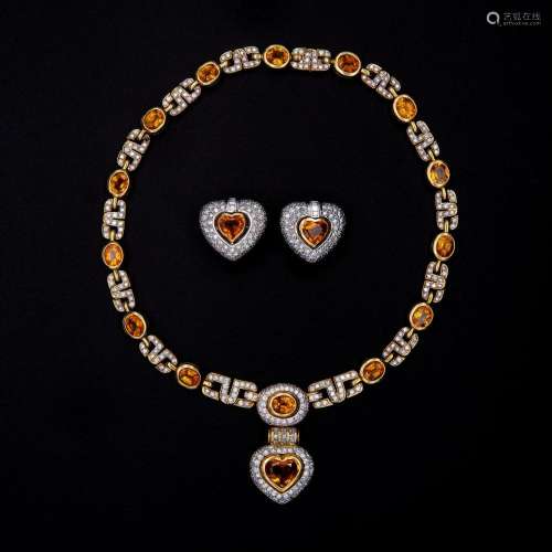 White and yellow gold necklace and earrings demi parure, wit...