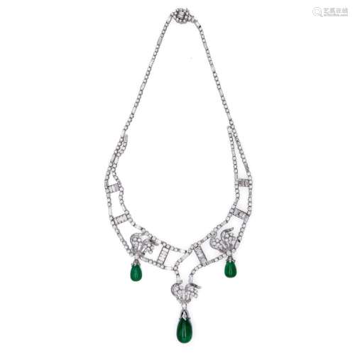 White gold necklace, with diamonds and Brazilian emeralds