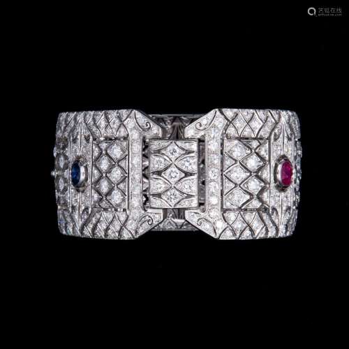 White gold bracelet with a ruby, diamonds and two sapphires