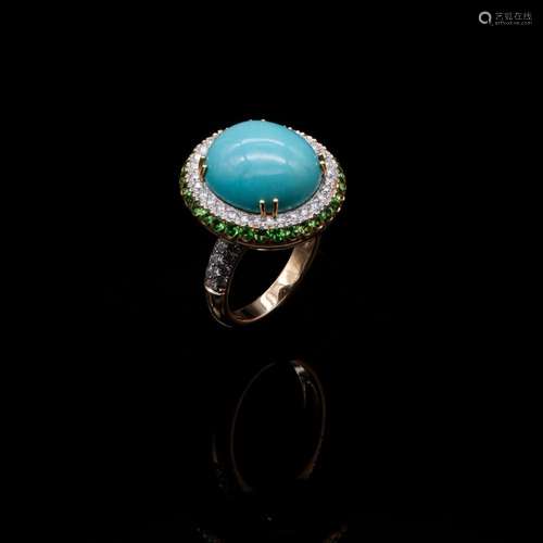 Ring made of yellow gold, turquoise, diamonds and garnets