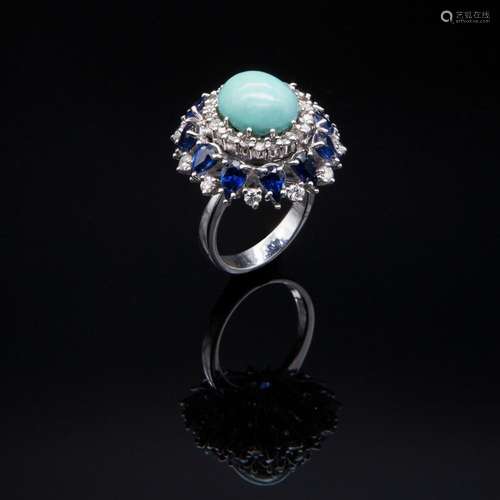 Ring made of white gold, turquoise, diamonds and sapphires