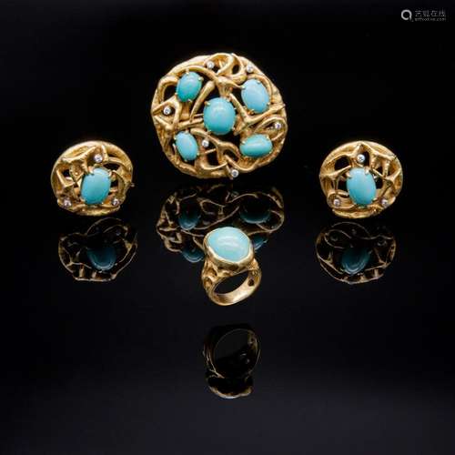 Brooch, earrings and ring parure made of yellow gold, turquo...