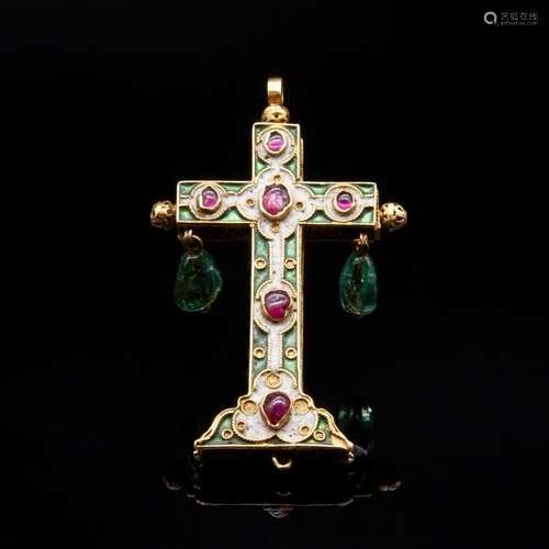 Antique cross pendant made of gold, enamels, rubies and emer...