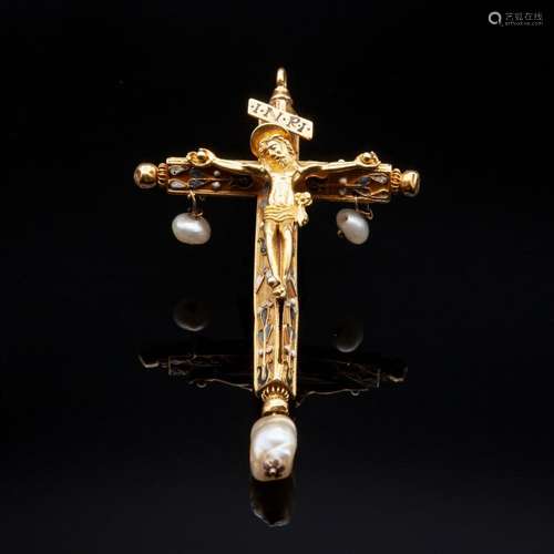 Antique cross pendant made of gold, enamels and pearls