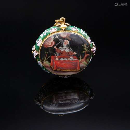 Antique gold pendant with enamels and rock crystal