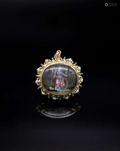 Antique gold pendant with enamels, miniatures and rock cryst...