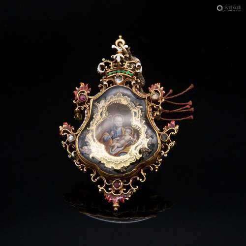 Antique gold pendant with enamels, precious stones and rock ...